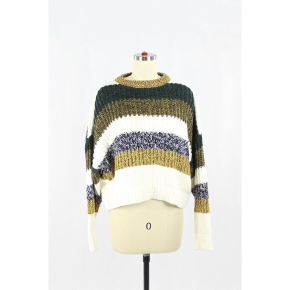 PINKO White Green Striped Cotton Acrylic Blend Knit Crew Neck Sweater, Size M - Picture 1 of 14